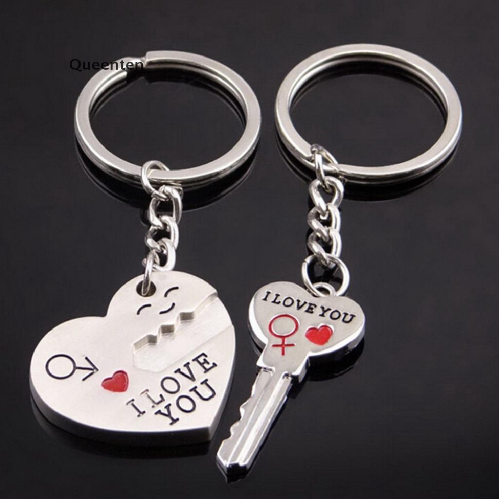 Queenten 2pcs Fashion Love Heart Key Ring Keyfob Couples Romantic Keychain Lover Gift  QT