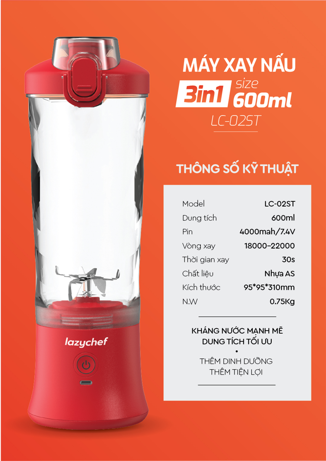 Máy Xay Tích Điện Đa Năng 3IN1 Lazychef - Máy Xay Sinh Tố Kháng Nước IP67, Máy Xay Cầm Tay, Dung Tích 600ml, Hàng Chính Hãng