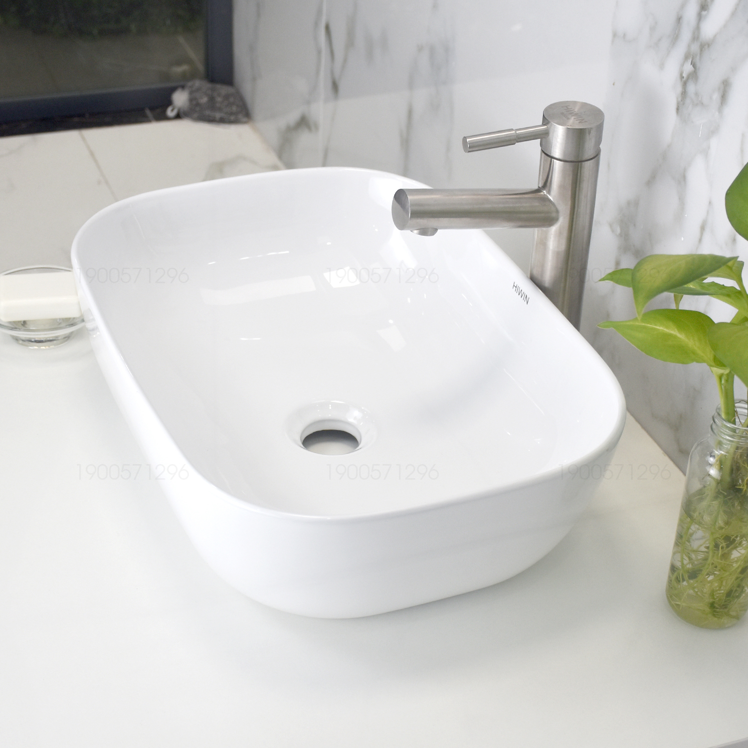 Chậu lavabo trắng sứ dương bàn cao cấp Hiwin LP-6014