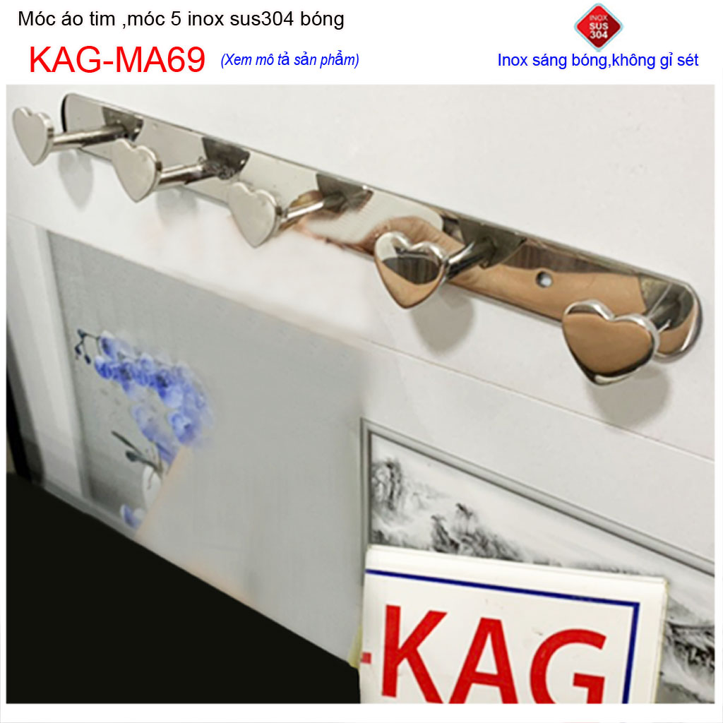 Móc treo quần áo inox 304 cao cấp dày, móc tim Kace 5 móc treo đồ nhà tắm KAG-MA69
