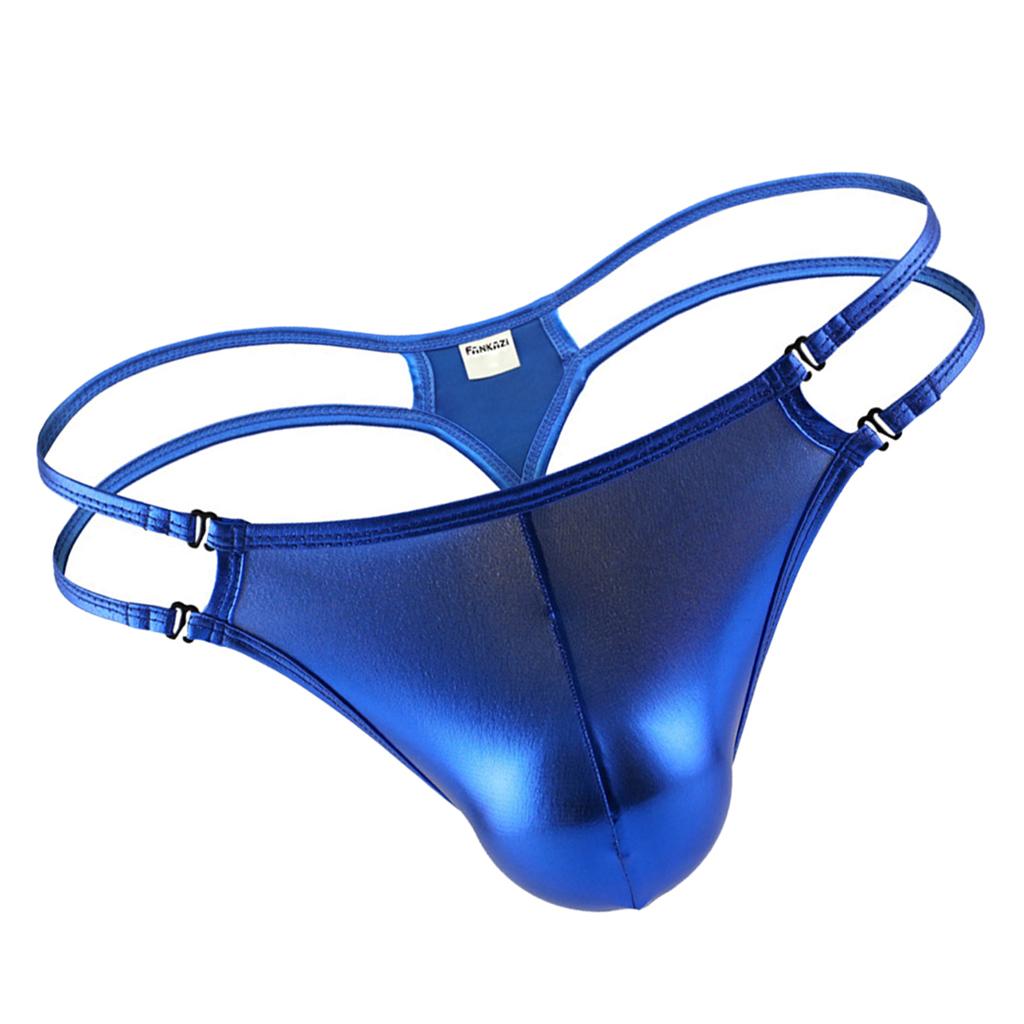 Men's Adjustable Wet Look Briefs Thong Underwear Tangas G-String T-back Blue