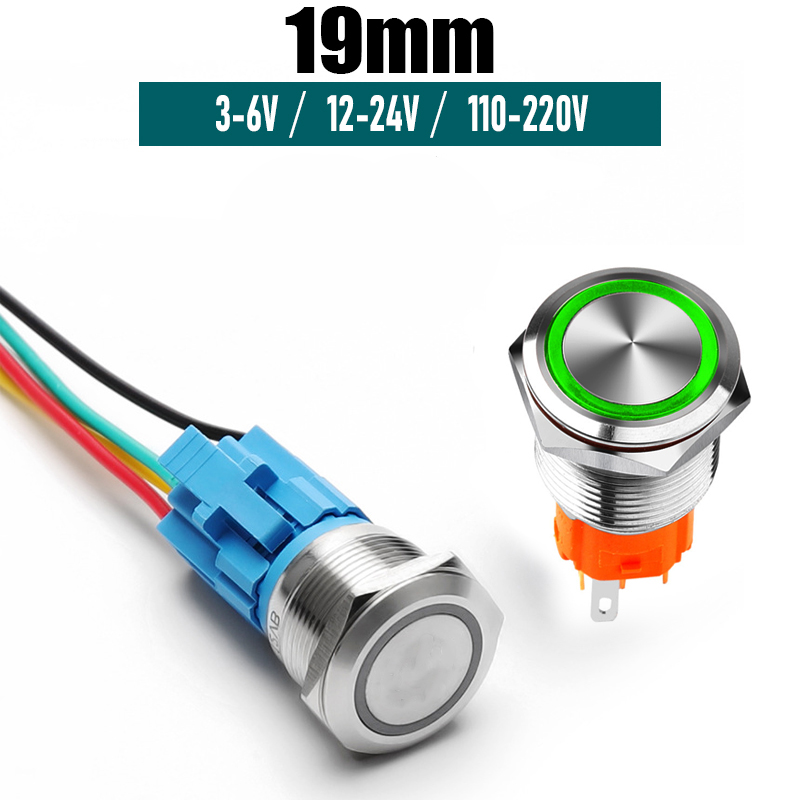 Nút công tắc INOX Nhấn nhả, Nhấn tự phục hồi 19mm Có đèn LED (3-6V, 12-24V, 110-220V)