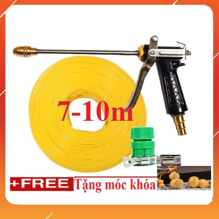 Bộ dây vòi xịt nước rửa xe, tưới cây . tăng áp 3 lần, loại 7m, 10m 206318 đầu đồng,đai,nối vàng+tặng móc khoá