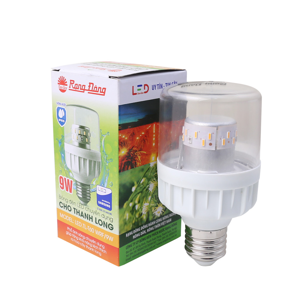 Đèn LED trồng cây Thanh long, chong đèn Thanh long quang hợp chính hãng Rạng Đông TL-T60 WFR, 9W, IP65 chống nước, chống bụi phổ ánh sáng kích thích ra hoa, hiệu suất cao, tiết kiệm 50-60% điện năng