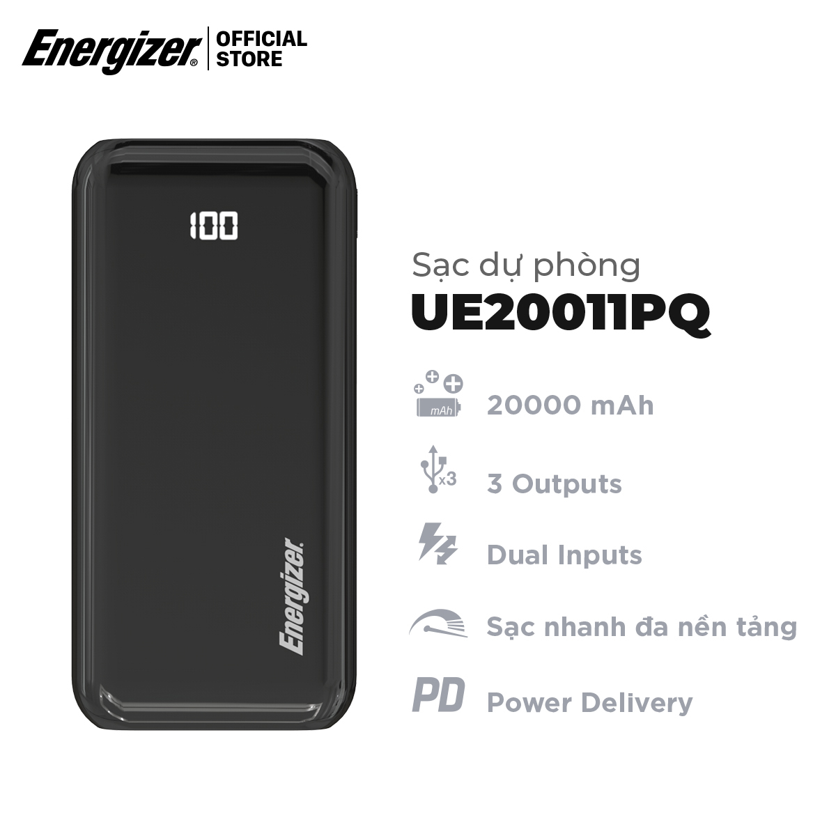 Sạc dự phòng Energizer 20.000 mAh/3.7V Li-Polymer - UE20011PQ - Hàng chính hãng - Đen