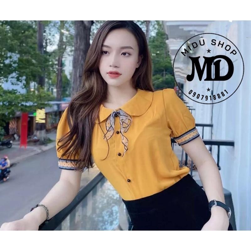 Áo sơ mi lụa cổ tròn nơ, tày viền ren lưới