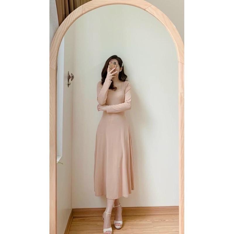 Váy dáng xòe cổ vuông dài tay &lt;3 Đầm xòe cổ u tôn dáng