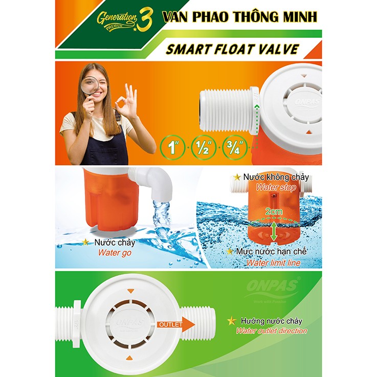 Van Phao Cơ Thông Minh Chống Tràn ONPAS Thế Hệ Mới, Tự Ngắt Nước Phi 21mm, 27mm