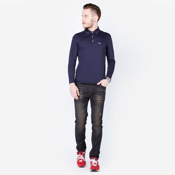 Áo thun dài tay nam cổ bẻ màu xanh đen ALIGRO chất liệu Cotton cao cấp mềm nhẹ ALGAPD004