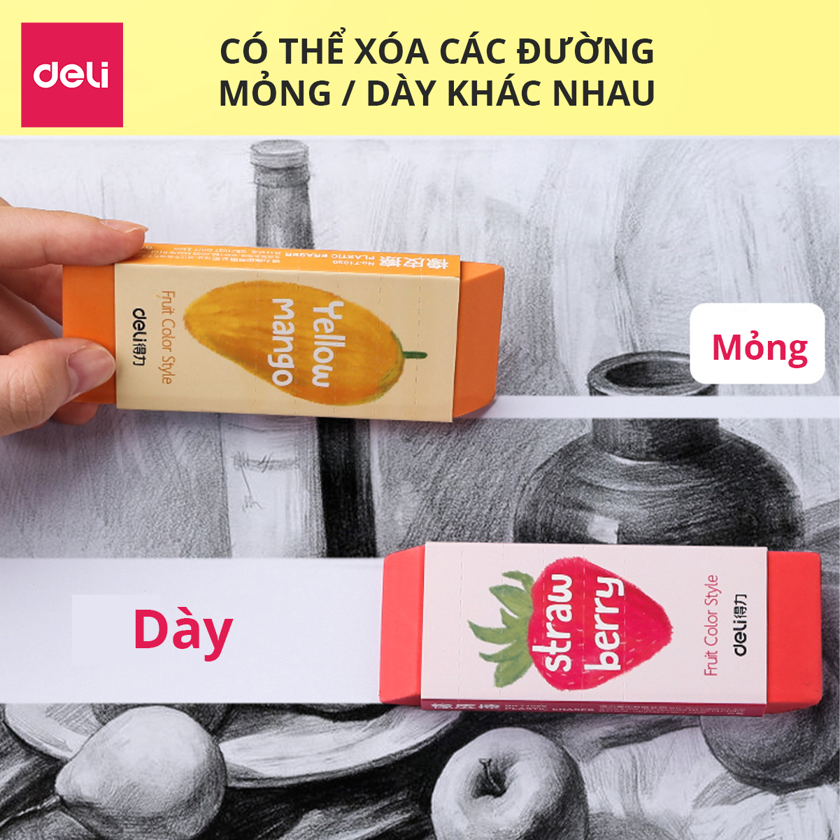 Gôm Tẩy Deli Hình Vẽ Hoa Quả Đỏ/ Xanh lá/ Vàng/ Xanh ngọc - Tẩy Bút Chì Sạch Đẹp - 71050