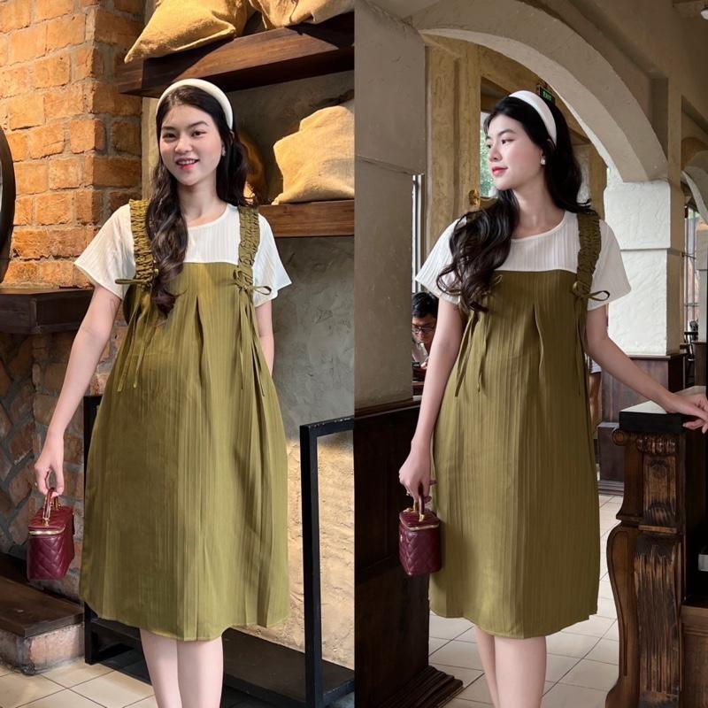 Đầm bầu mùa hè Yếm xinh xắn dễ thương chất xốp Hàn mặc đi làm đi chơi - Hồng