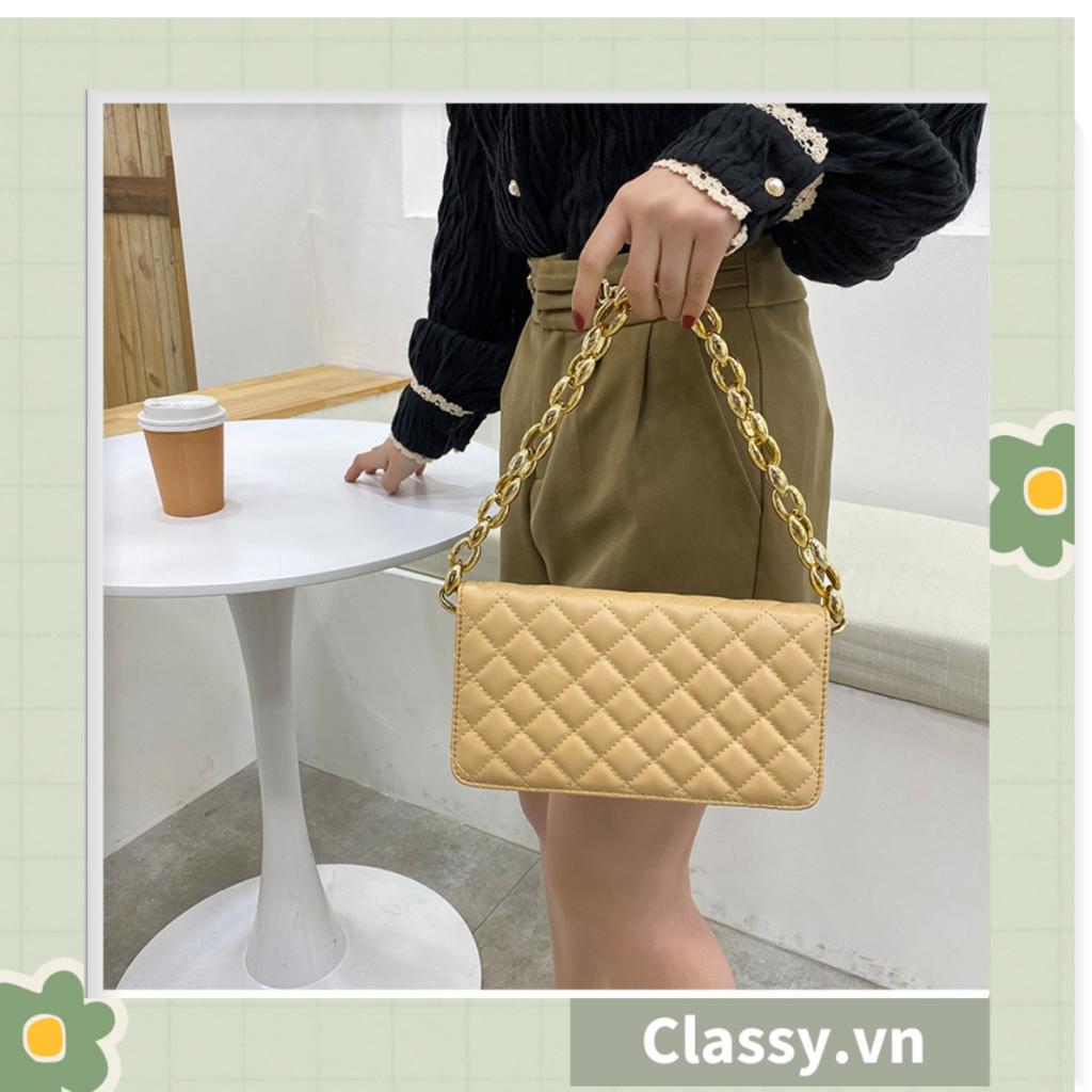 TÚI KẸP NÁCH nữ Classy CLASSIC, HÌNH HỘP VUÔNG HOẠ TIẾT CHẦN Ô, KHÓA XÍCH VÀNG TO BẢN RẤT SANG T594