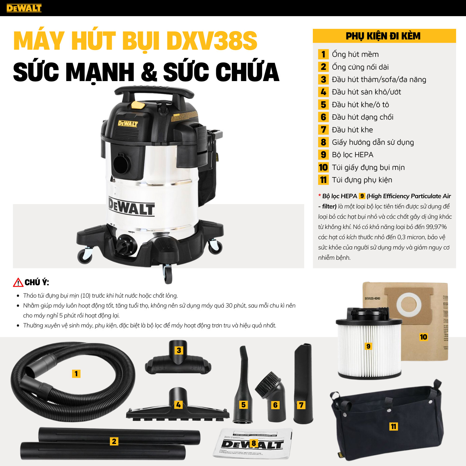 Máy hút bụi công nghiệp khô và ướt DeWALT DXV38S -5HP- dung tích 38L - Hàng chính hãng