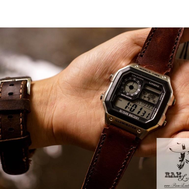 Dây đồng hồ RAM Leather cho casio ae1200/seiko5 da bò thật 1981 nâu đỏ