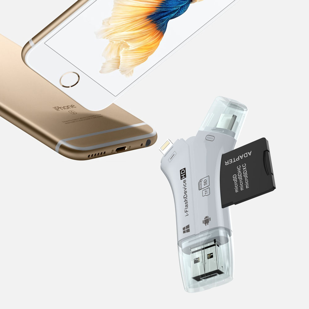 Đầu đọc thẻ TF/SD 4 trong 1 (Lightning, Type-C, USB, Micro USB) dùng xem ảnh/video của máy ảnh trên iphone và các thiết bị Android