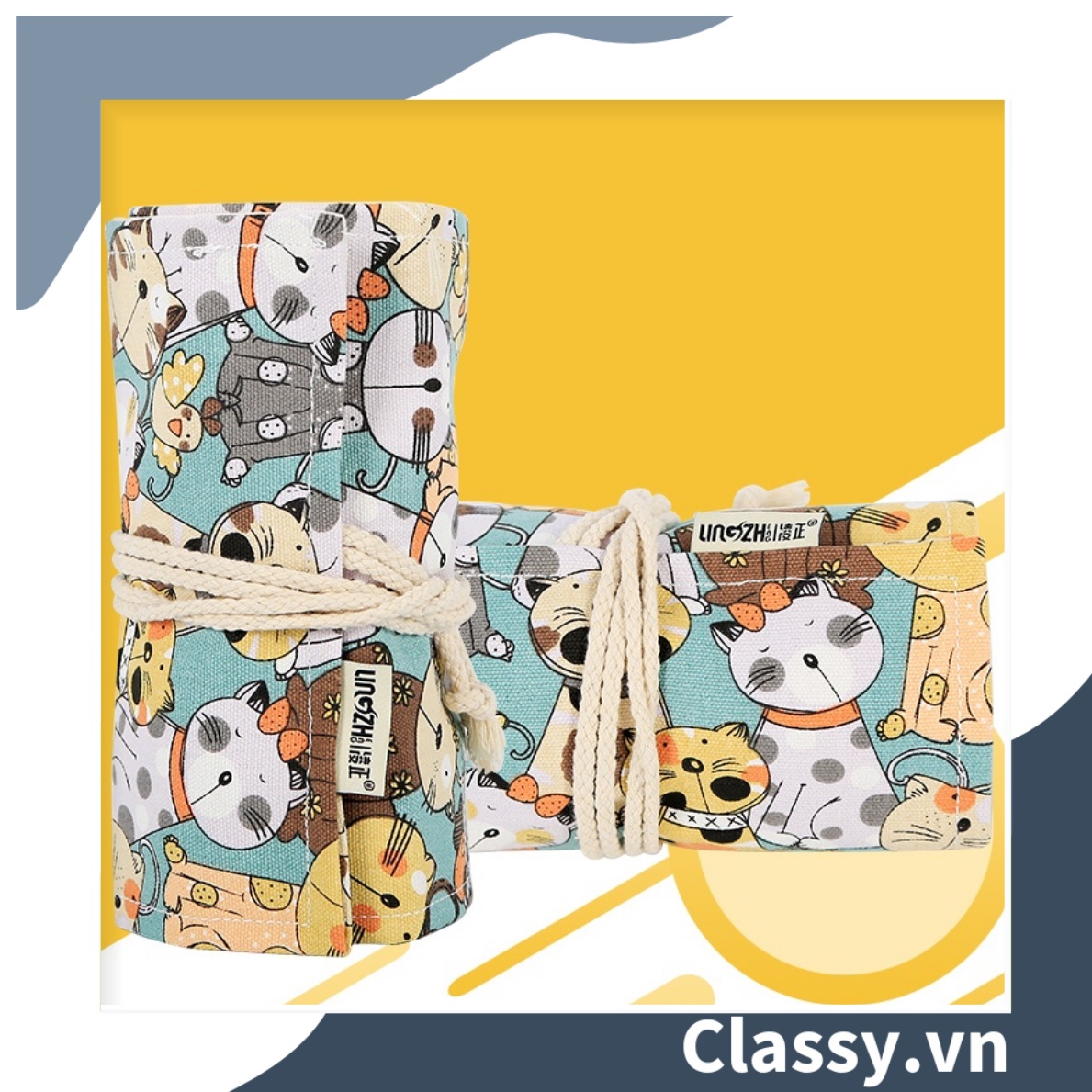Túi đựng bút dạng cuộn vải cotton, phong cách vintage hình mèo PK617