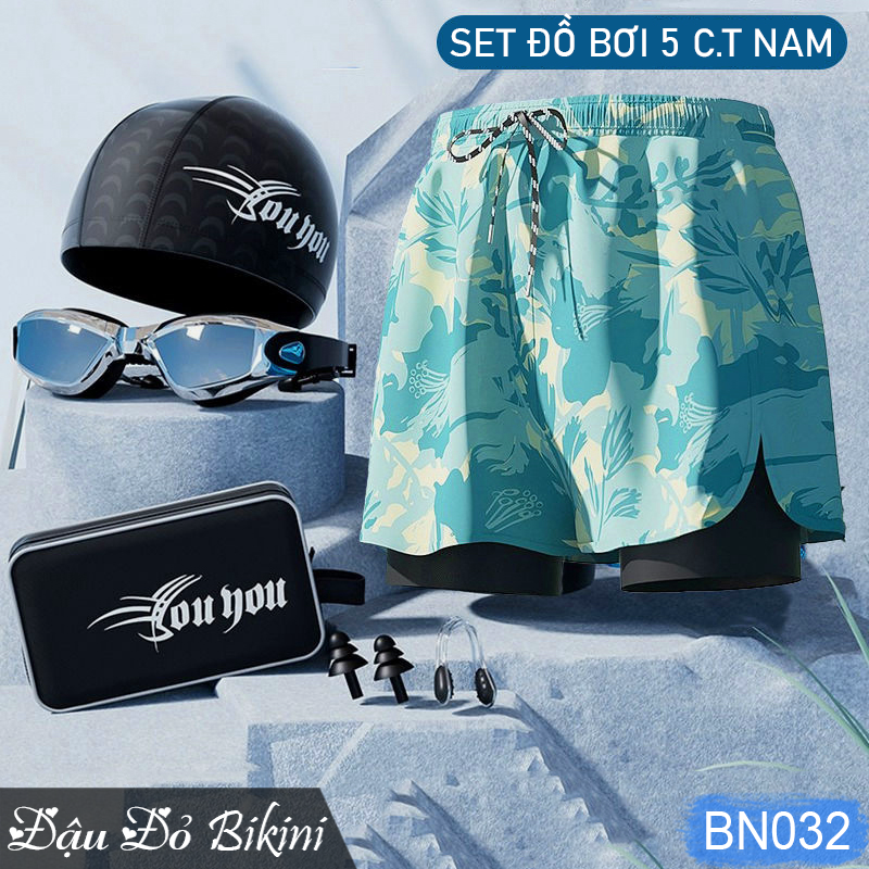 Combo đồ bơi nam quần 2 lớp kèm kính mũ bơi, túi đựng đồ và bịt tai kẹp mũi, set bơi đầy đủ tiện lợi cho nam giới, quần bơi 2 lớp &amp; kính chống đọng sương | BN032