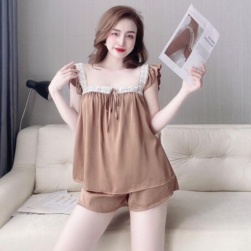 Đồ bộ pijama nữ 100D bộ ngủ mặc nhà 2 dây pyjama lụa tay bèo sexy quần đùi cute dễ thương cao cấp ESHOP PM03
