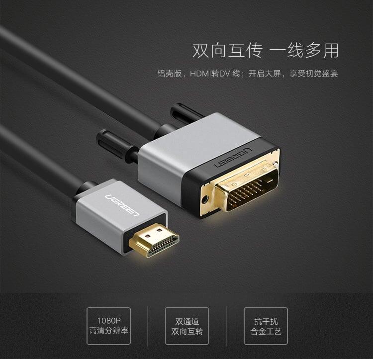 Ugreen UG20890HD128TK 8M màu Đen Cáp chuyển đổi HDMI sang DVI 24 + 1 thuần đồng cao cấp - HÀNG CHÍNH HÃNG