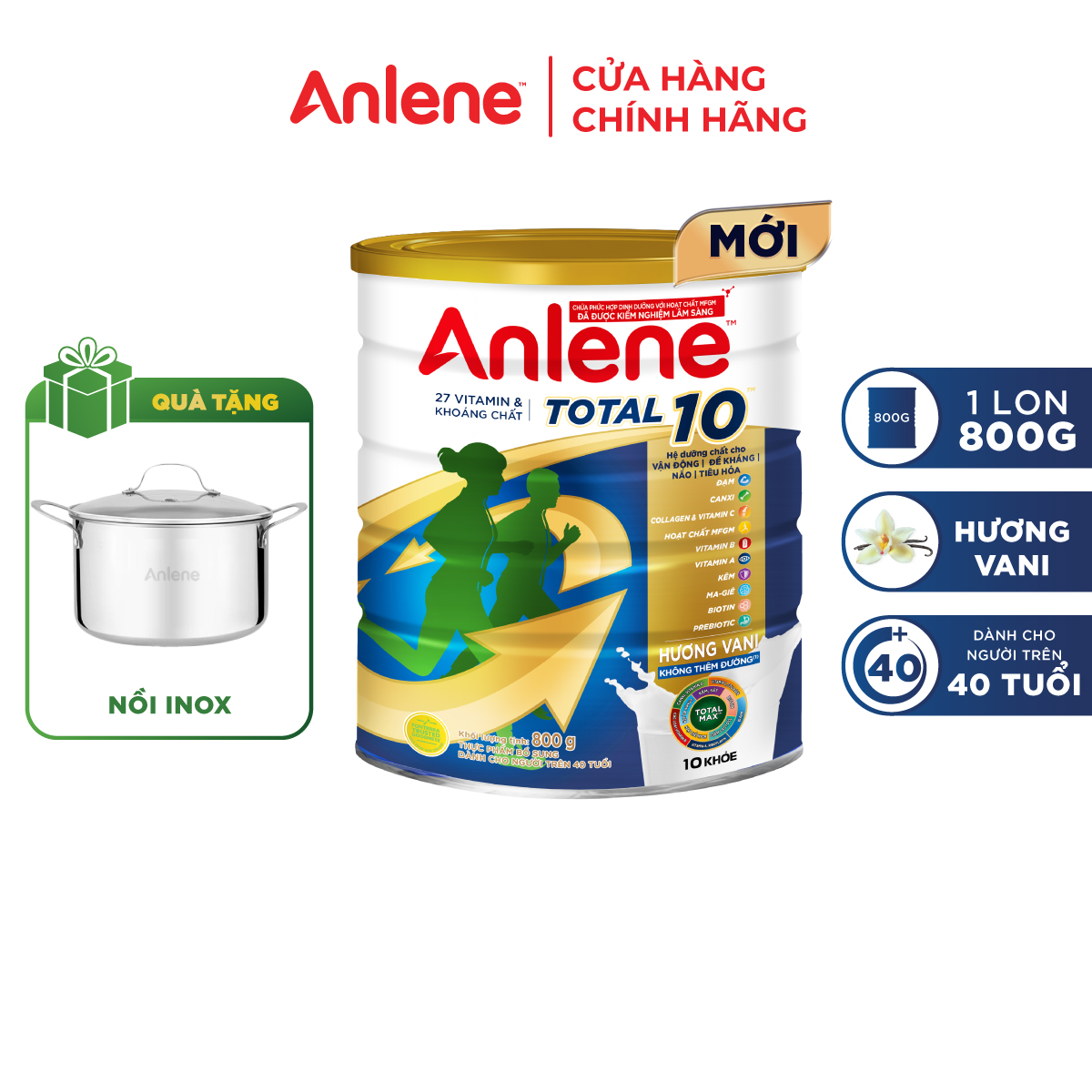 [MỚI] Sữa bột bổ sung dinh dưỡng Anlene Total 10 lon 800g - Tặng nồi lẩu inox