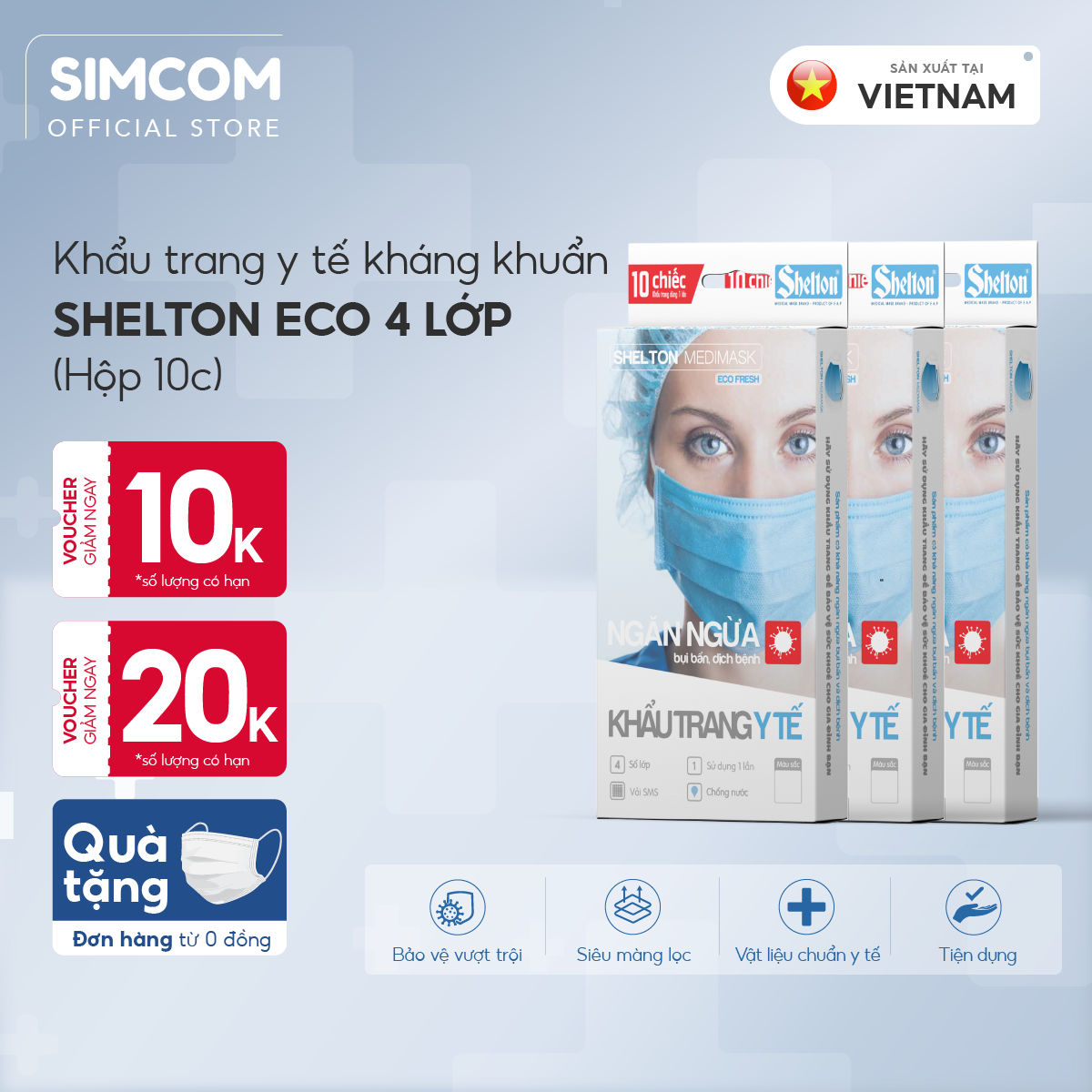 Khẩu trang y tế kháng khuẩn 4 lớp Shelton Medimask Ecofresh hộp 10 chiếc,khẩu trang kháng khuẩn 4 lớp dành cho người lớn,khẩu trang 4 lớp mềm mại có vải kháng khuẩn ngăn ngừa bụi bẩn,vi khuẩn sử dụng 1 lần
