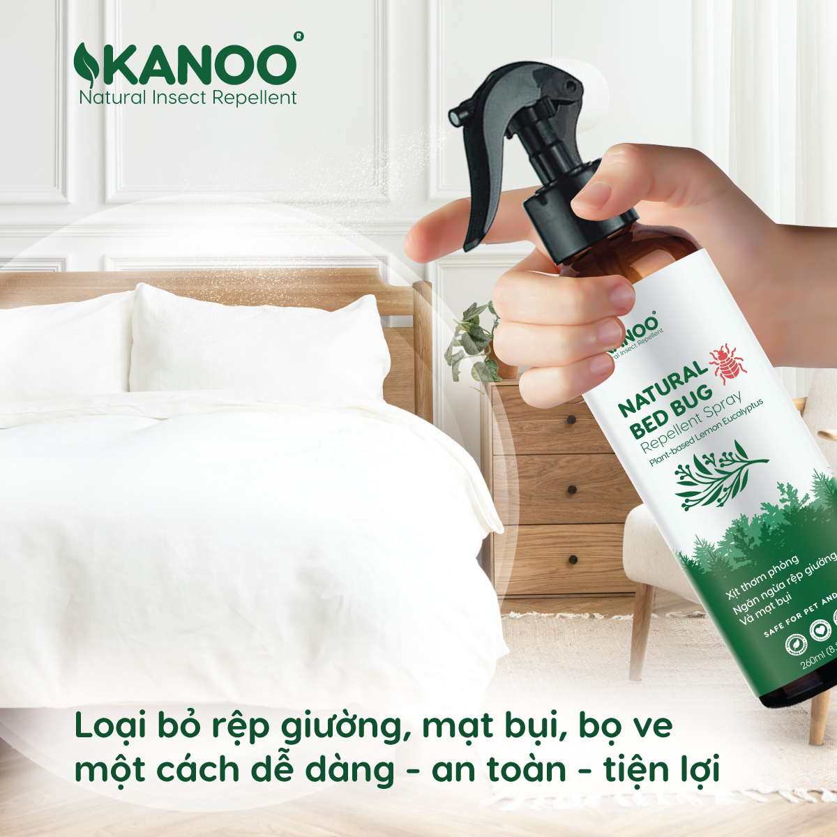 Bình xịt hỗ trợ ngăn ngừa ve bọ, rệp giường, mạt bụi KANOO, thành phần từ thảo dược tự nhiên. Bình xịt thơm phòng, hỗ trợ đuổi côn trùng