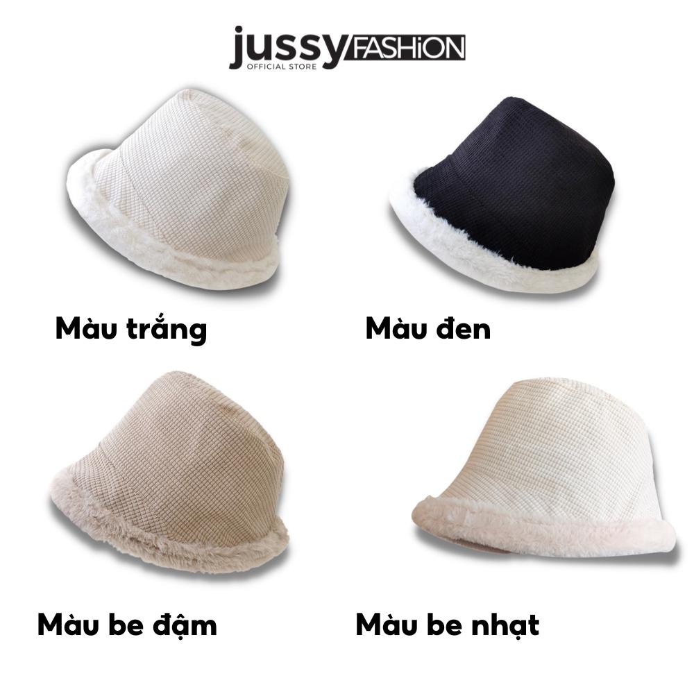 Mũ Bucket Nỉ Viền Lông Vành Xéo Jussy Fashion Nón Tai Bèo Len Lông Dày 2 Lớp Giữ Ấm Đầu Có Dây Rút Bên Trong