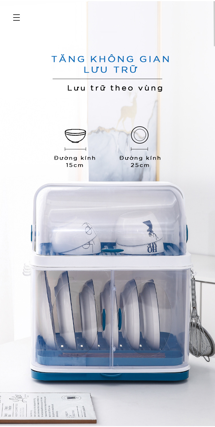 Kệ úp chén bát 2 tầng có nắp đậy, khay hứng khô ráo, sạch sẽ, kích thước 45x38x25cm - Hàng chính hãng