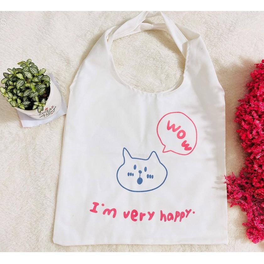 Túi vải canvas mèo wow hàn quốc - Sam Official -Vải trằng tinh- Freeship extra - Túi tote đeo vai quai tròn