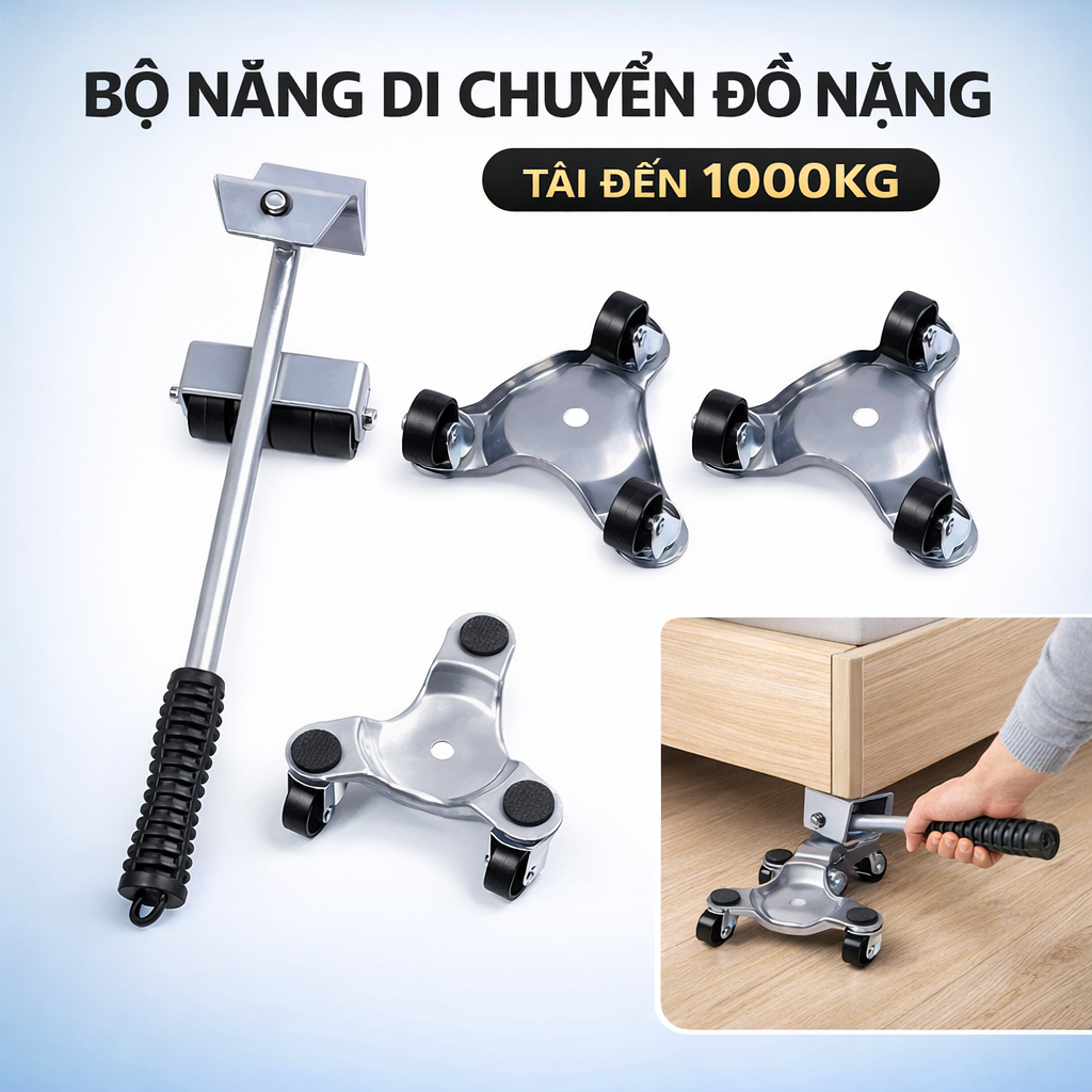 Bộ kích nâng và bánh xe di chuyển đồ nặng thông minh 360 độ - Tải đến 1000kg, thép siêu cứng, hỗ trợ dọn nhà đa năng