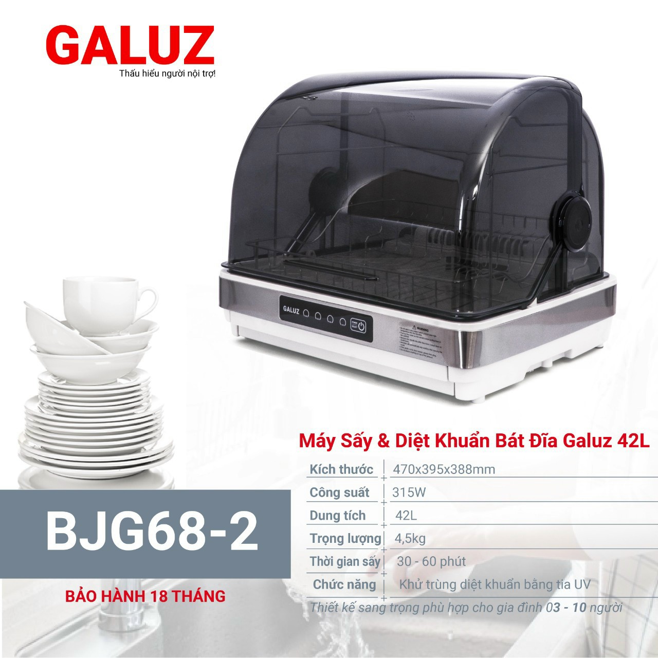 Máy sấy diệt khuẩn chén đĩa Galuz BJG 68-2, dung tích 42L, công suất 315W, giúp diệt trùng và khử khuẩn bằng tia UV, xếp được 10 bộ bát đĩa, hàng chính hãng