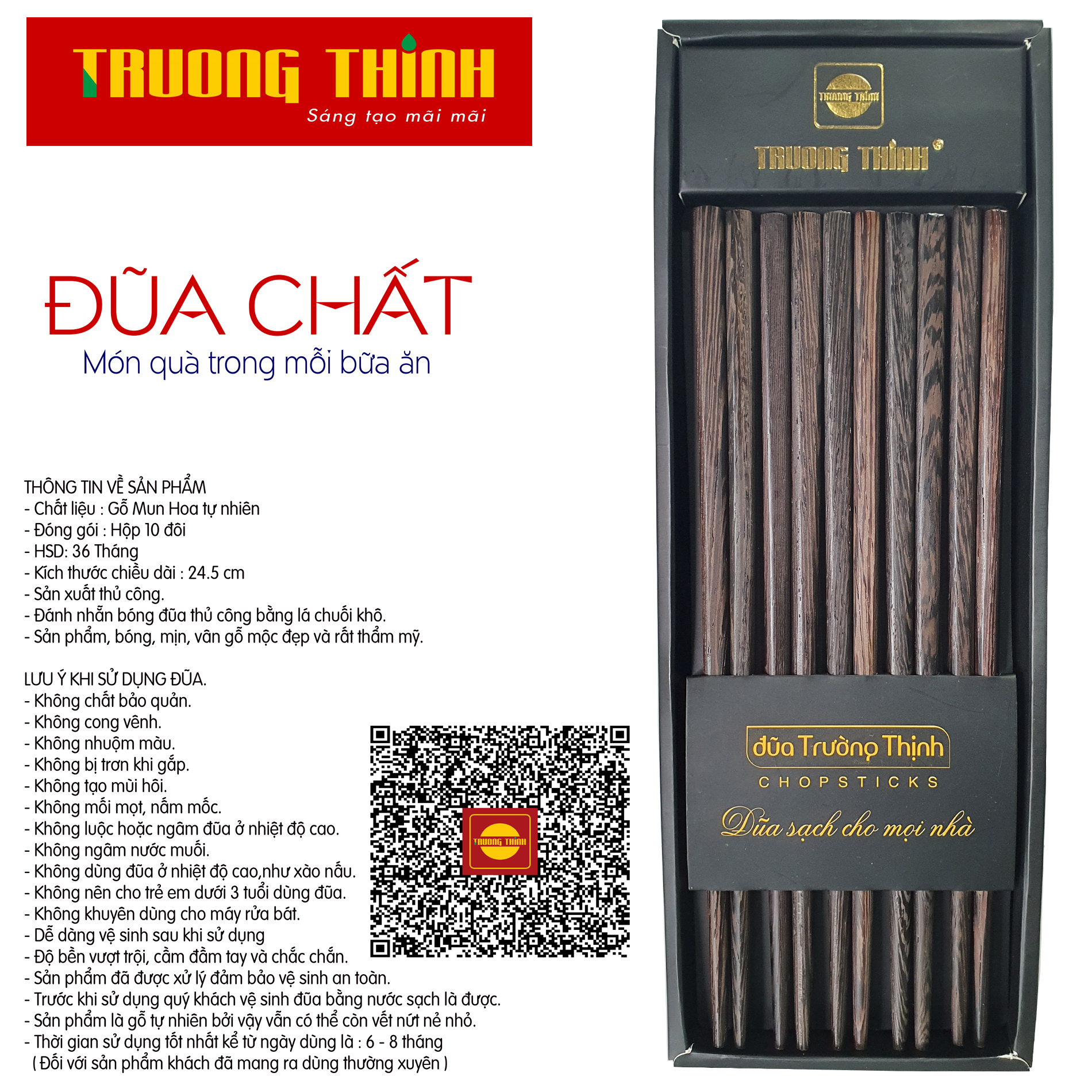 Đũa Gỗ Mun Hoa Đen Cao Cao Cấp Trường Thịnh Loại Đặc Biệt/ Hộp Màu Đen/ 10 Đôi Vuông Trơn