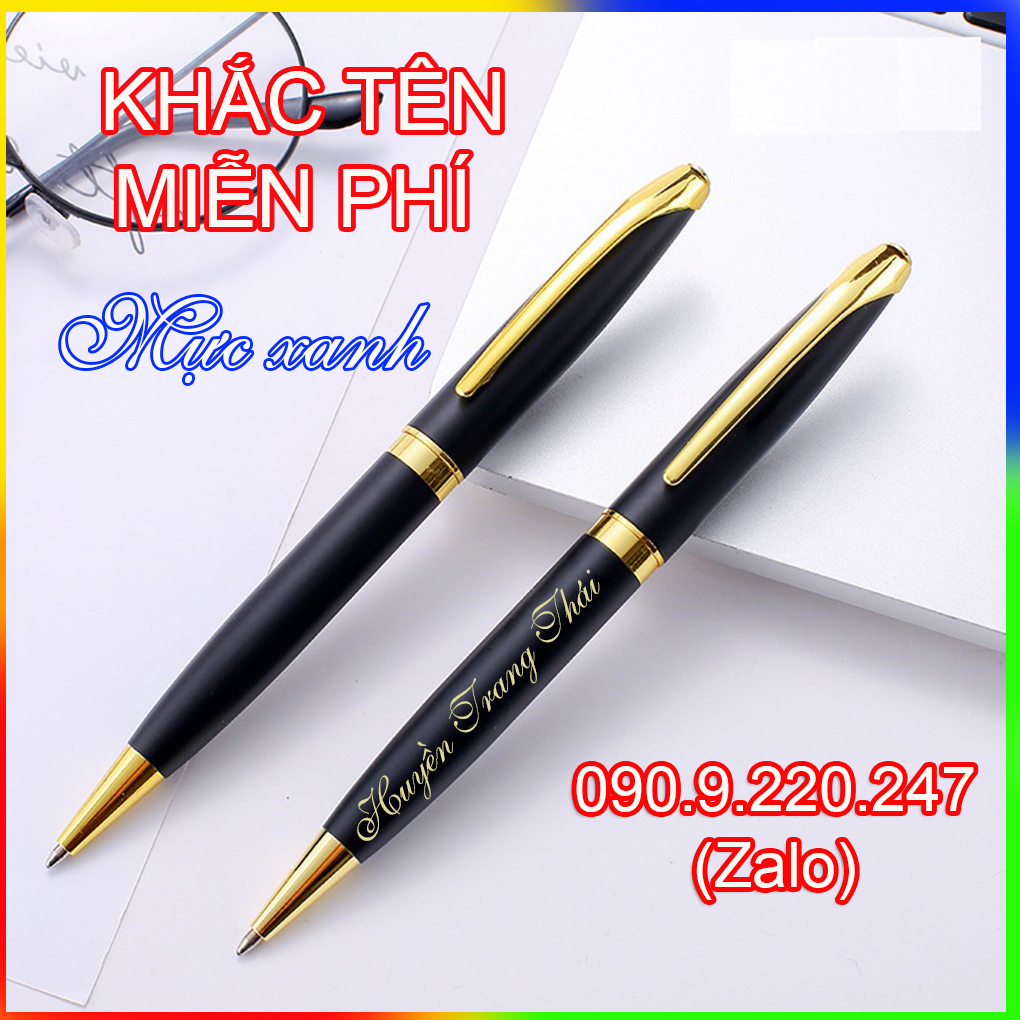 (Gift)Bút ký khắc tên cao cấp 003, đen nhám , dạng xoay mực bi và  rút nắp mực  dạ bi mượt đều ở mọi góc nghiêng