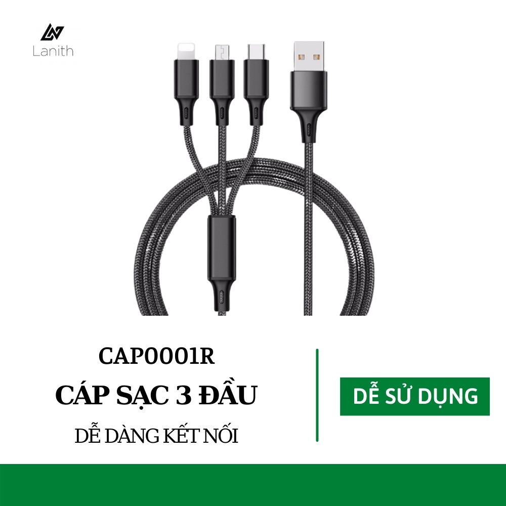 Cáp Sạc Đa Năng, Dây Sạc 3 Đầu Lightning, Micro USB, Type C - Thiết Kế Đẹp Mắt, Tinh Tế - Sử Dụng Cho Hầu Như Các Loại Điện Thoại IOS, Android - Hàng Nhập Khẩu - CAP000001