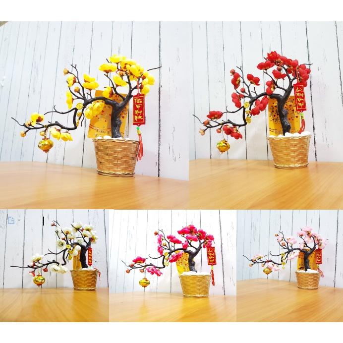 Chậu đào nhí giả dáng bon sai trang trí tết cao 25cm