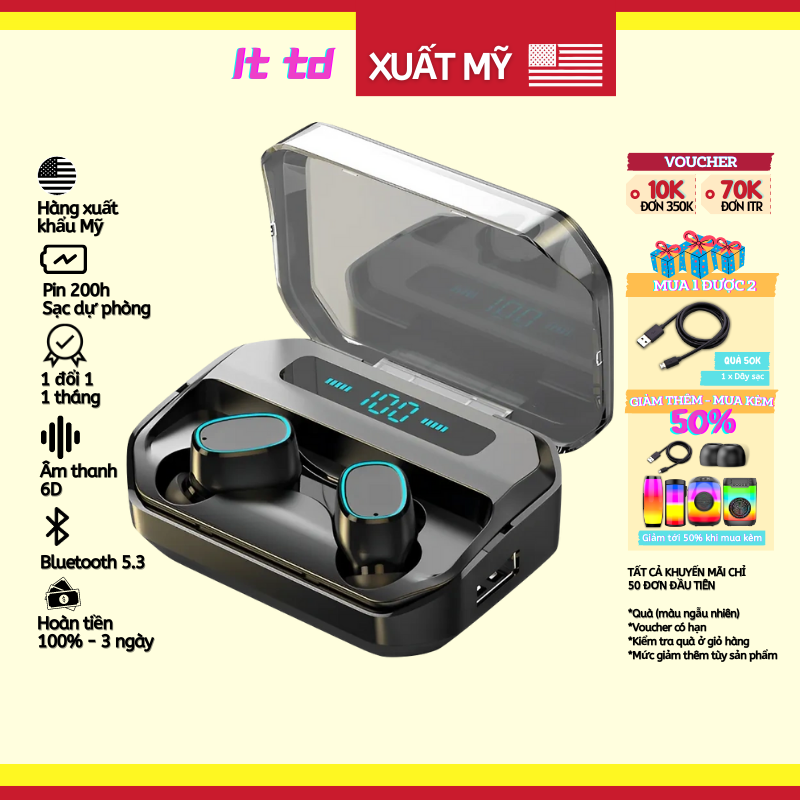 PIN 1 THÁNG - Tai Nghe Bluetooth Không Dây Bluetooth 5.3 TWS Micro Ghi Âm Điện Thoại The Deosd LT M - Hàng Chính Hãng