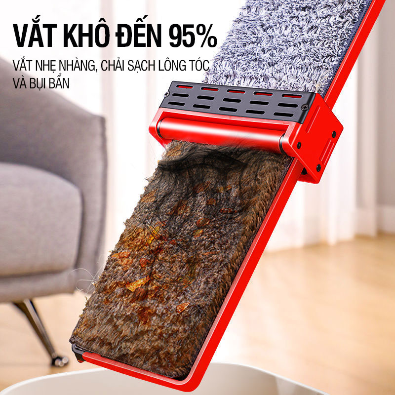 Cây lau nhà tự vắt Kitimop-Red bàn lau lớn 38cm, con lăn trợ lực, thanh thép không gỉ, khớp xoay 360 độ, 2 bông lau