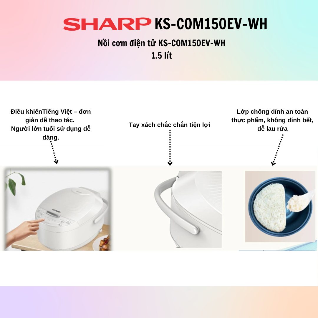 Nồi cơm điện tử Sharp KS-COM150EV-WH 1.5 lít - Hàng Chính Hãng - Bảo Hành 12 Tháng