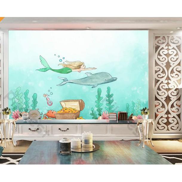 Nàng tiên cá và chú cá heo trang trí phòng em bé, tranh dán tường 3d hiện đại MS697397