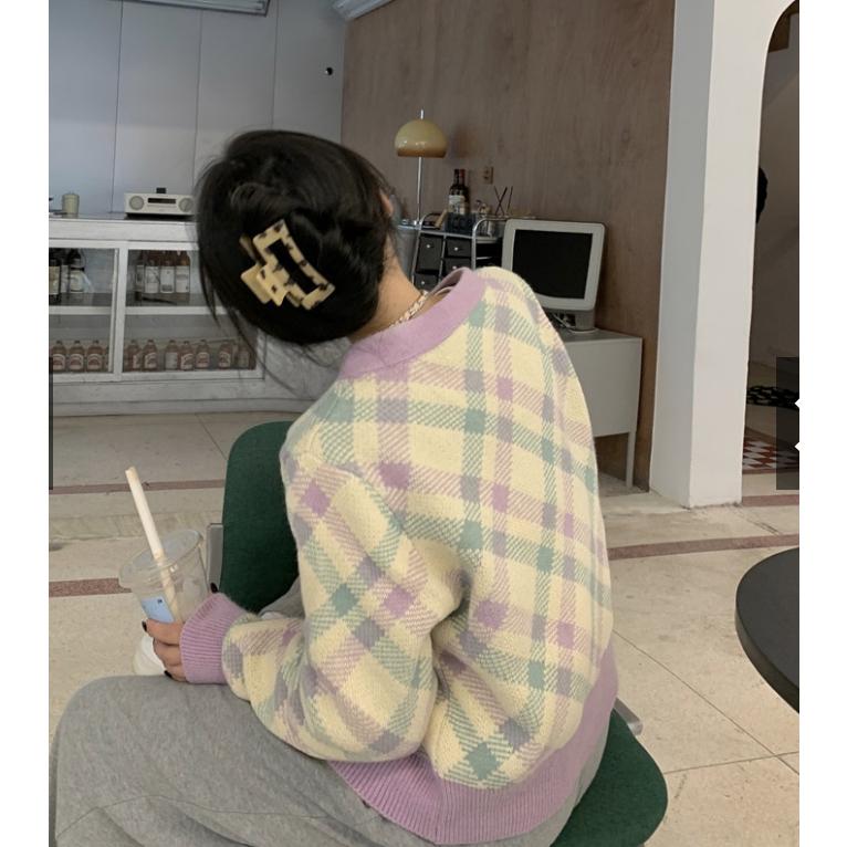 Áo khoác cardigan dệt kim tay dài dáng rộng kẻ ô caro tím thời trang dành cho nữ