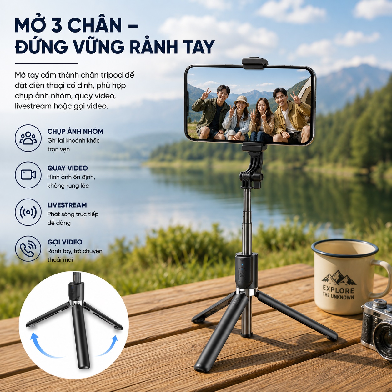 Gậy chụp hình selfie kiêm tripod xoay 360 độ AI thông minh WIWU Wi-SEO18 cho iPhone, samsung - Tripod 3 Chân, Remote Tháo Rời, Kéo Dài 91cm, Gập Gọn 15.5cm, Xoay 360°, Cho Điện Thoại 4.7-6.9 Inch - Hàng nhập khẩu