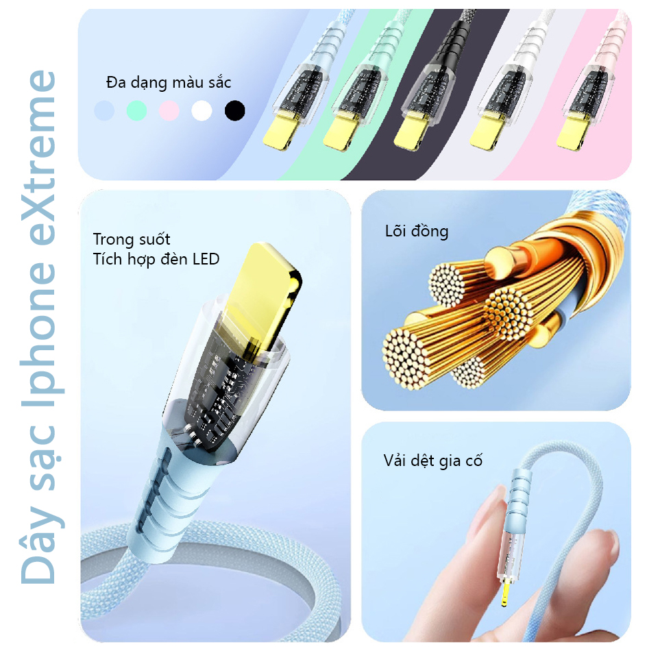 Dây Cáp eXtreme DS4211 Đầu Type C Sang Đầu Light.ning lphone Tích Hợp Đèn LED 2 Đầu, Sạc Nhanh Hỗ Trợ Truyền Dữ Liệu - Hàng chính hãng