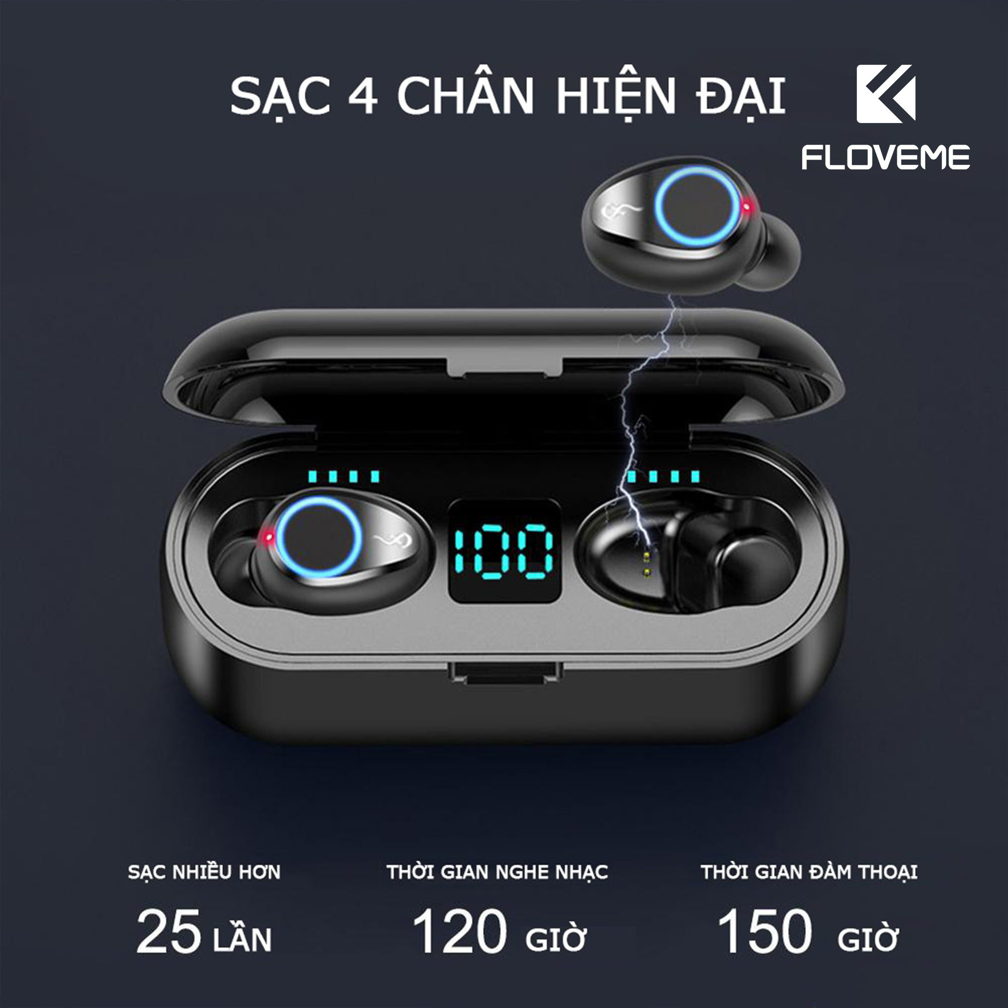 Tai nghe bluetooth không dây FLOVEME F9 True wireless Dock Sạc ,hỗ trợ đàm thoại độ trễ cực thấp khi chơi game, Bass mạnh mẽ - Hàng chính hãng