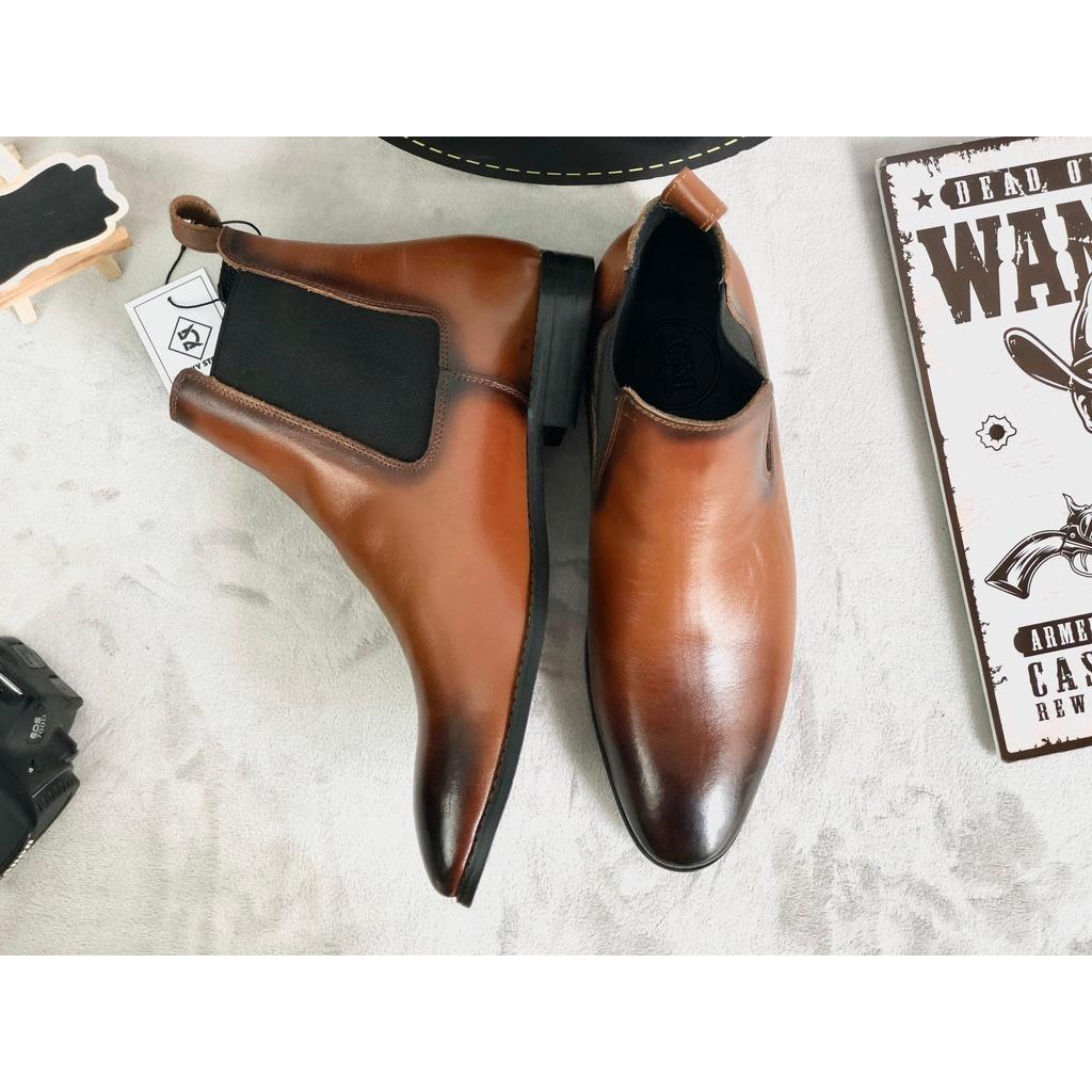 (Bảo hành 12 tháng) Chelsea boots da bò nâu đế gỗ cao cấp lịch lãm - Duky Store