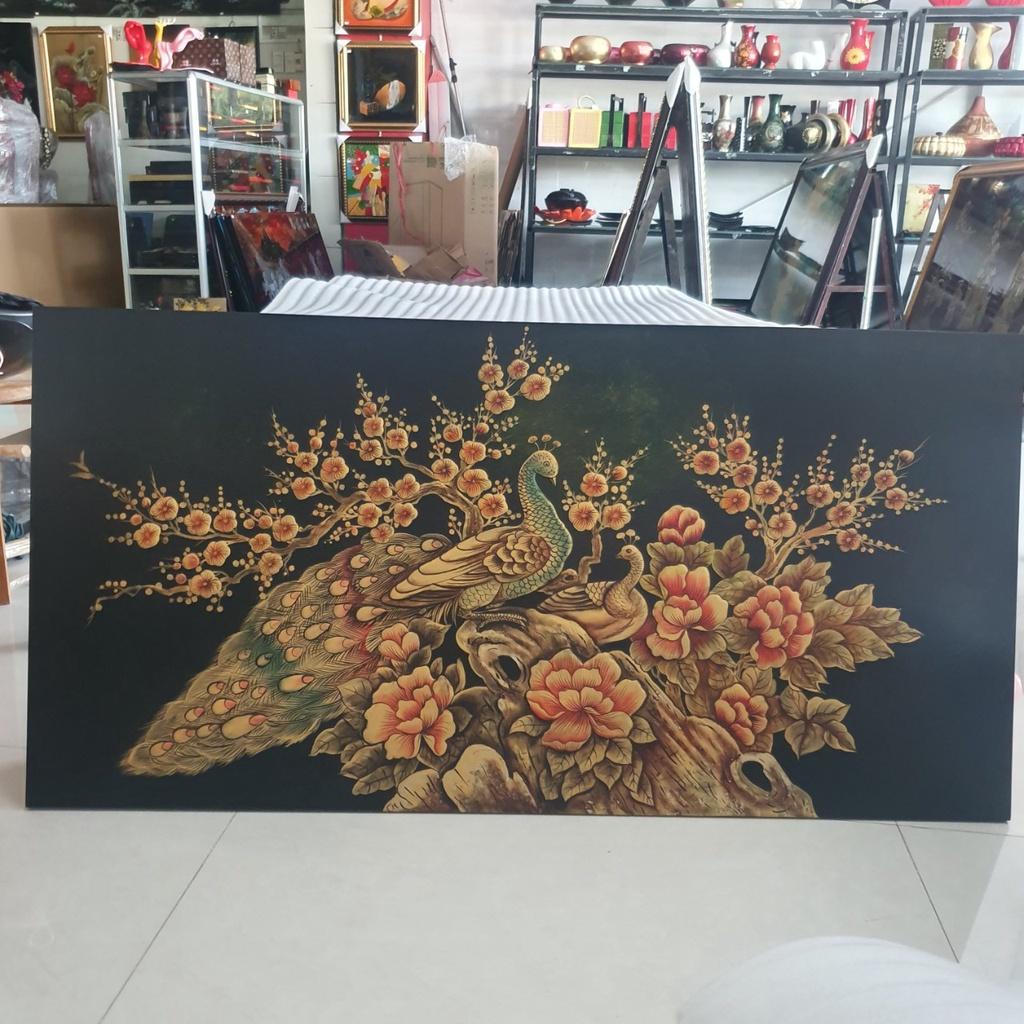 Tranh sơn mài đắp nổi chim công và hoa mẫu đơn, hoa đào 60x120 cm