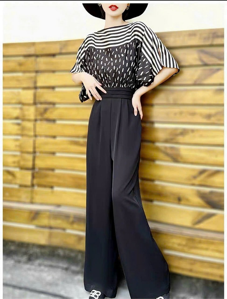 JUMPSUIT LỤA HỌA TIẾT TAY XẺ XẾP LY EO CAO CẤP