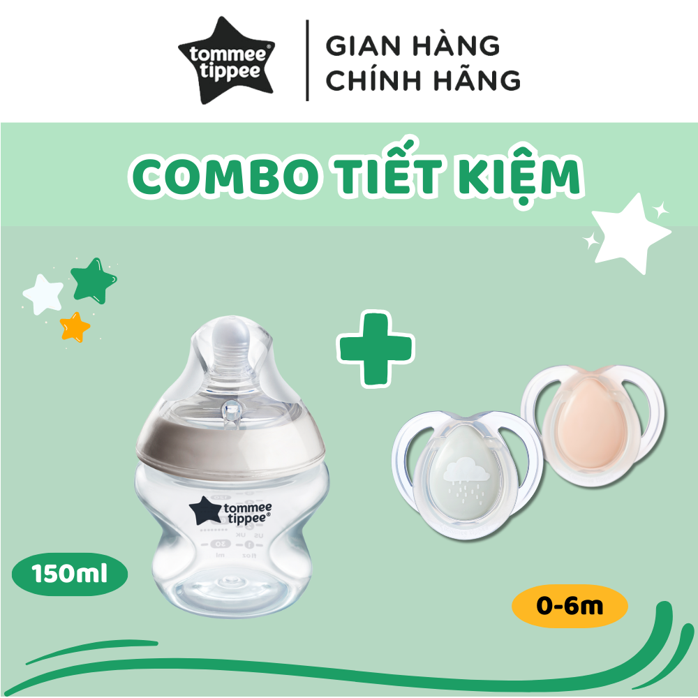 COMBO Ty Ngậm Dạ Quang Tommee Tippee Night Time 0-6m & Bình Sữa Ty Siêu Mềm Tự Nhiên Tommee Tippee Natural Start 150ml