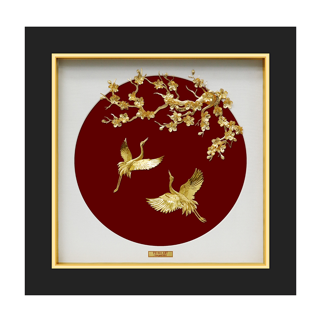 Tranh Vàng 24K PRIMA ART - Hình đôi chim hạc và cành hoa maai viền nền trắng - Bộ sưu tập Hạnh Phúc - Kích thước 35 x 35 cm -  CGS-0758-01