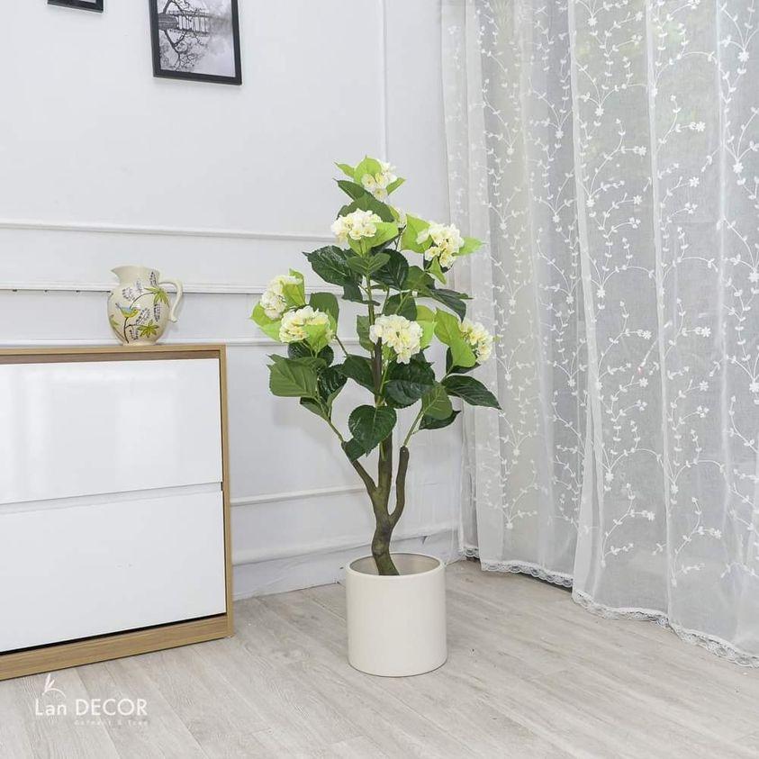 Cây giả - Cây hoa cẩm tú cầu trắng trang trí nhà, cửa hàng cao 1,3m - LC3008