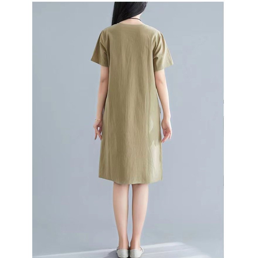 Đầm Linen suông nữ cổ tròn ngắn tay, Váy trung niên nữ dáng dài hoạ tiết hoa xinh trẻ trung cho nữ Đũi Việt